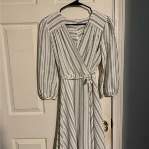 Calvin Klein Striped Long Sleeve Dress in Gray and White